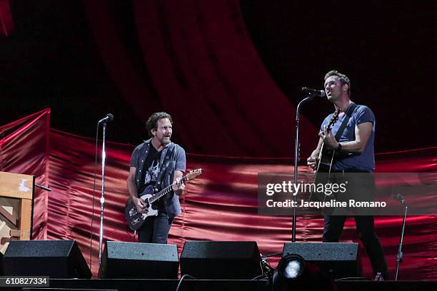 Musicians Eddie Vedder and Chris Martin perform onstage at the 2016 Global Citizen Festival to End Extreme Poverty by 2030 at Central Park on...