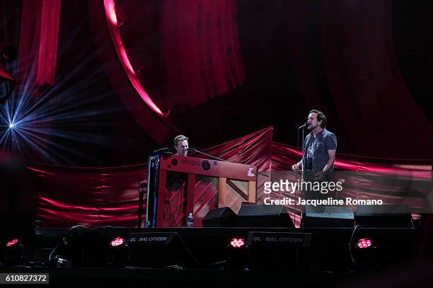 Musicians Chris Martin and Eddie Vedder perform onstage at the 2016 Global Citizen Festival to End Extreme Poverty by 2030 at Central Park on...