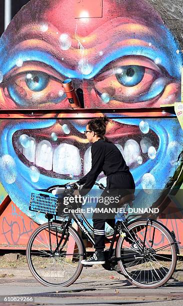 Woman rides a bike in front of street artist's works at at the NDSM shipyards, in Amsterdam, on September 27, 2016. / AFP / EMMANUEL DUNAND /...