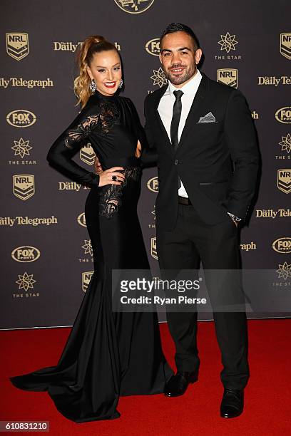 Dene Halatau of the Wests Tigers and wife Rochelle Halatau arrive at the 2016 Dally M Awards at Star City on September 28, 2016 in Sydney, Australia.