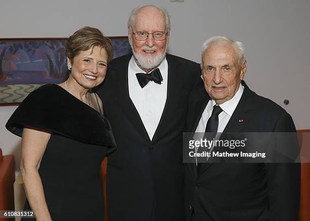 Los Angeles Philharmonic Association Board of Directors President Deborah Borda, composer John Williams, and architect Frank Gehry pose for portrait...