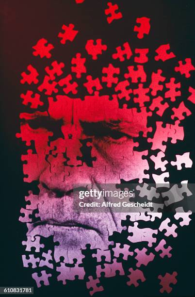 Jigsaw of a frowning man's face, circa 1985.