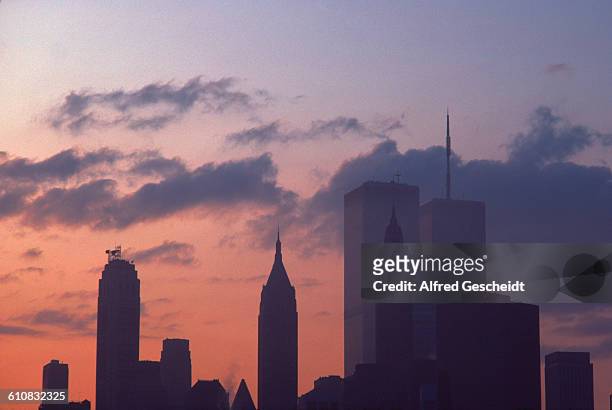 Lower Manhattan at dusk, showing the twin towers of the World Trade Center, New York City, 1983.