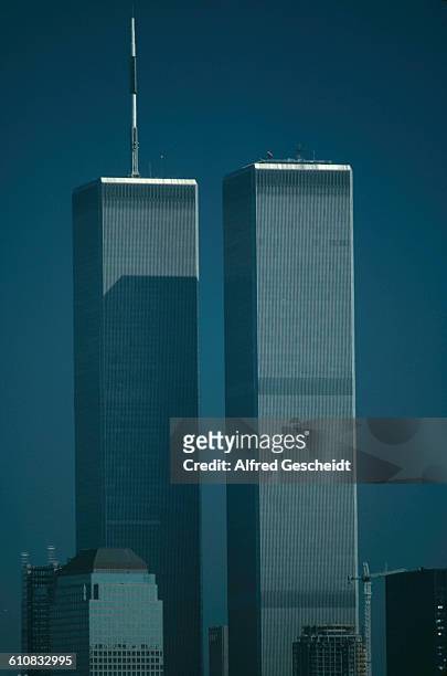 The twin towers of the World Trade Center in Lower Manhattan, New York City, 1986.
