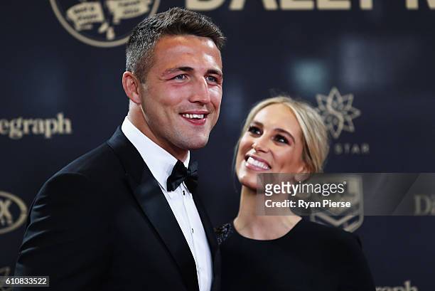 Sam Burgess of the Rabbitohs and wife Phoebe Burgess arrive at the 2016 Dally M Awards at Star City on September 28, 2016 in Sydney, Australia.