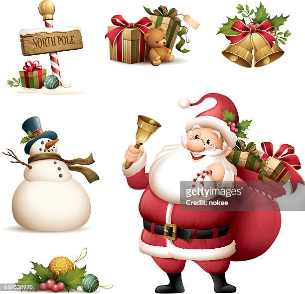 weihnachtsmann mit weihnachts-ikone-set - snowman stock-grafiken, -clipart, -cartoons und -symbole