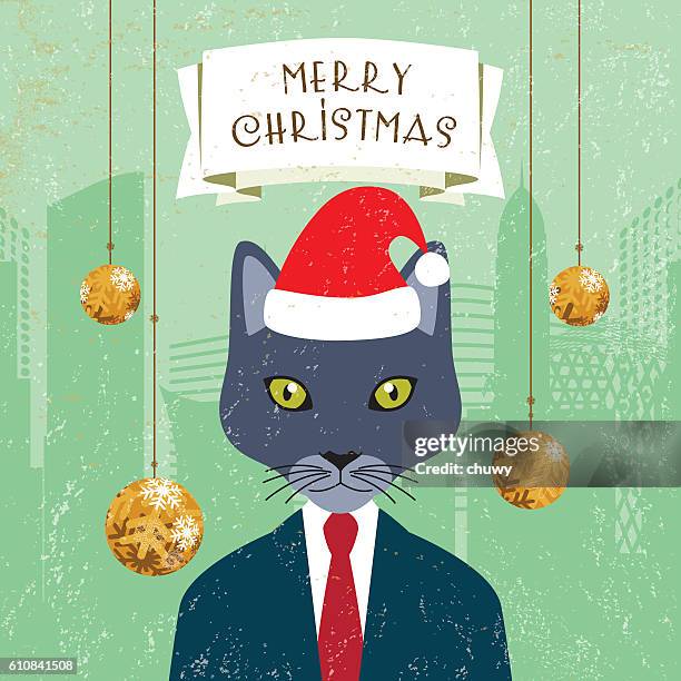 weihnachts-grußkarte santa klaus hut katze geschäftsmann banner ornamente - chuwy stock-grafiken, -clipart, -cartoons und -symbole