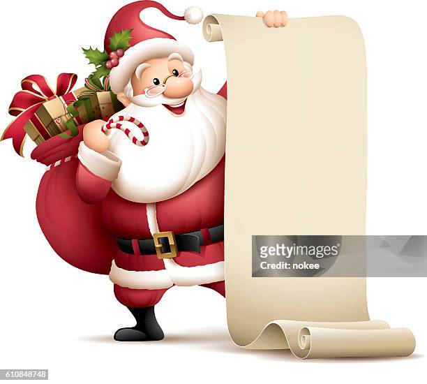 weihnachtsmann hält papierrolle - santa stock-grafiken, -clipart, -cartoons und -symbole