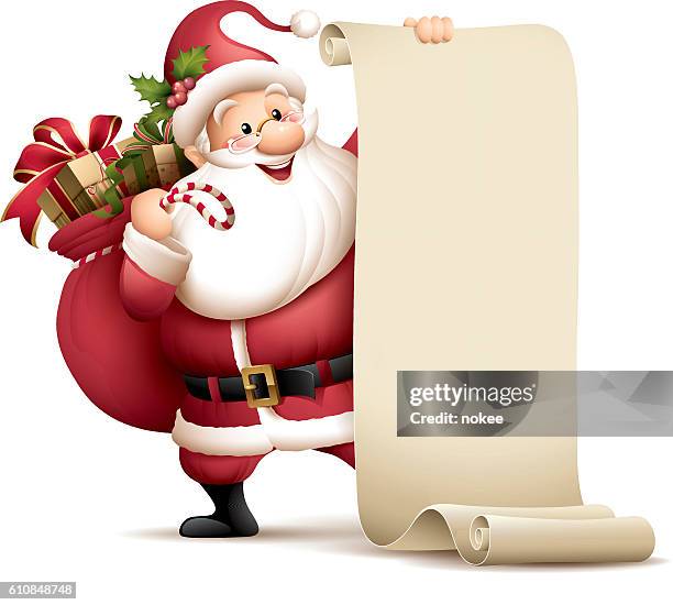 ilustrações de stock, clip art, desenhos animados e ícones de santa claus holding paper scroll - lista