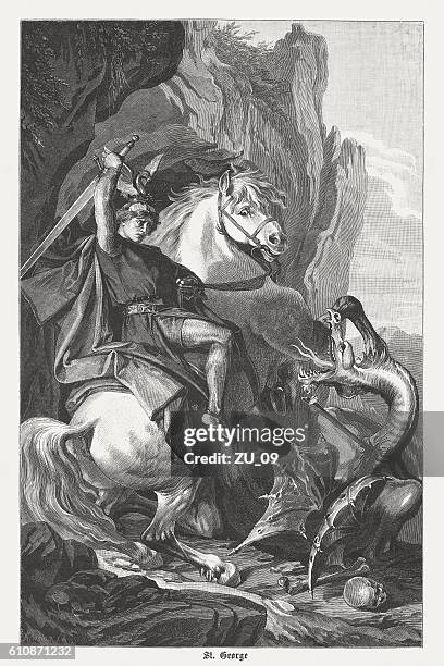 st. george es battle with the dragon, holzstich, veröffentlicht 1882 - st george stock-grafiken, -clipart, -cartoons und -symbole