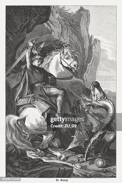 illustrazioni stock, clip art, cartoni animati e icone di tendenza di st george's battle with the dragon, incisione su legno, pubblicato nel 1882 - placcare
