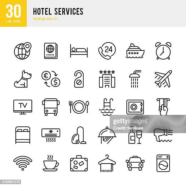 stockillustraties, clipart, cartoons en iconen met hotel services - set of thin line vector icons - hygiëne en toiletartikelen