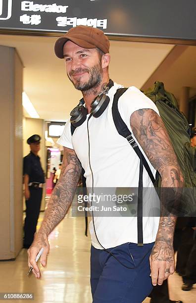 David Beckham is seen upon arrival at Narita International Airport on September 28, 2016 in Narita, Japan.