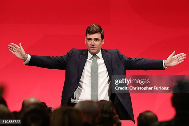 Shadow home secretary Andy Burnham MP delivers his keynote speech to delegates at the ACC on September 28, 2016 in Liverpool, England. On the last...