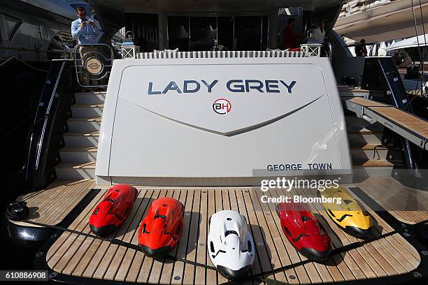 Seabob high performance water sleds, manufactured by Cayago AG, sit on the rear deck of the Lady Grey luxury yacht, built by Sunseeker International...