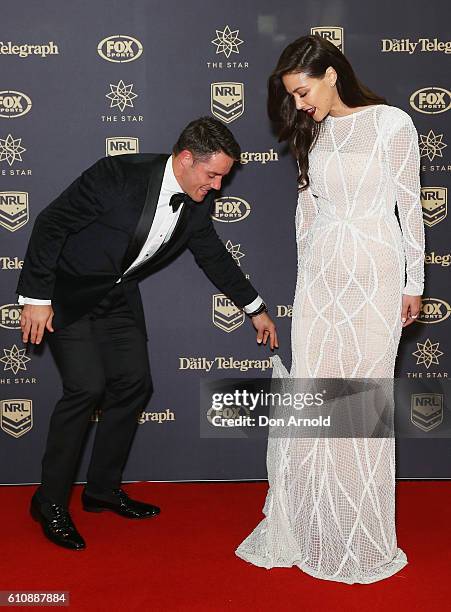 Cooper Cronk and Tara Rushton arrive at the 2016 Dally M Awards at Star City on September 28, 2016 in Sydney, Australia.