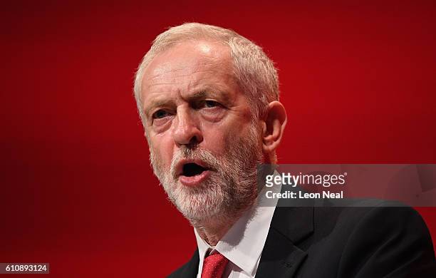 Labour party Leader Jeremy Corbyn addresses delegates and members during his keynote speech at the ACC on September 28, 2016 in Liverpool, England....