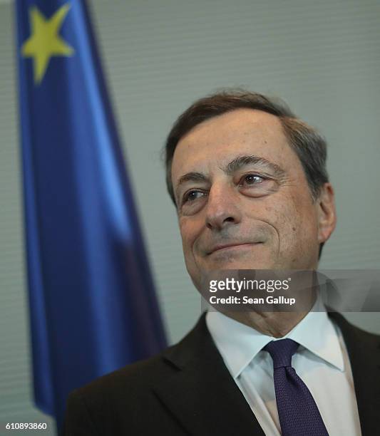 European Central Bank President Mario Draghi arrives for talks at the Bundestag on September 28, 2016 in Berlin, Germany. Draghi was there seeking...