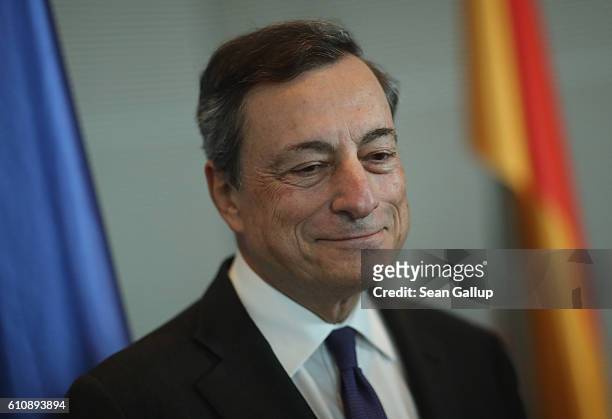 European Central Bank President Mario Draghi arrives for talks at the Bundestag on September 28, 2016 in Berlin, Germany. Draghi was there seeking...