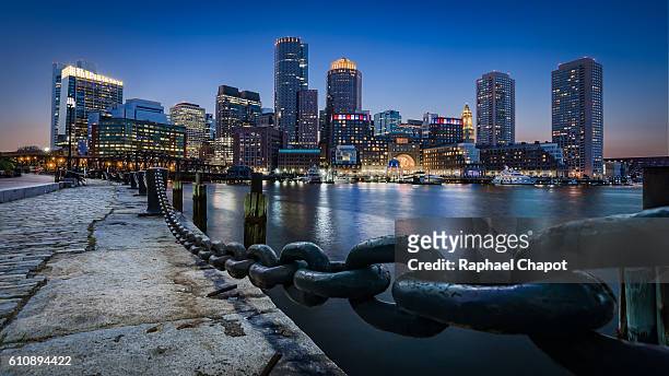 boston view from fan pier park - boston massachusetts stock pictures, royalty-free photos & images