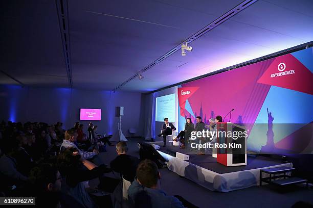 Dana Hayes, Louisa Wong, Jim Norton, Jason Kodish, and Joe Zawadzki speak onstage at the Ways to Simplify the Ecosystem panel at ADARA Stage at Times...