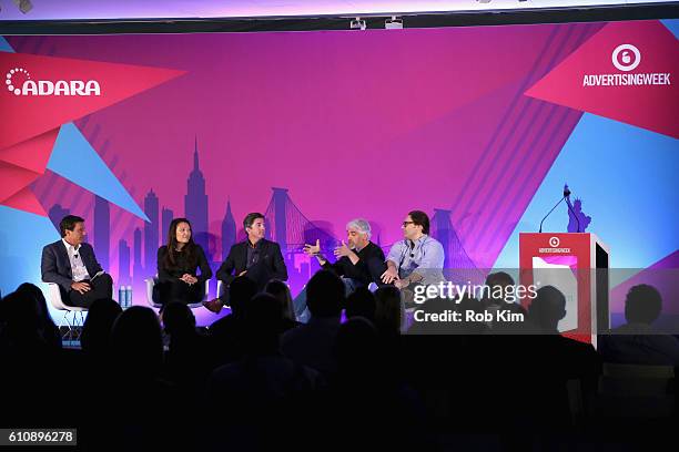 Dana Hayes, Louisa Wong, Jim Norton, Jason Kodish, and Joe Zawadzki speak onstage at the Ways to Simplify the Ecosystem panel at ADARA Stage at Times...