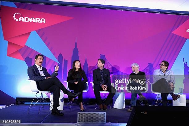 Dana Hayes, Louisa Wong, Jim Norton, Jason Kodish, and Joe Zawadzki speak onstage at the Ways to Simplify the Ecosystem panel at ADARA Stage at Times...