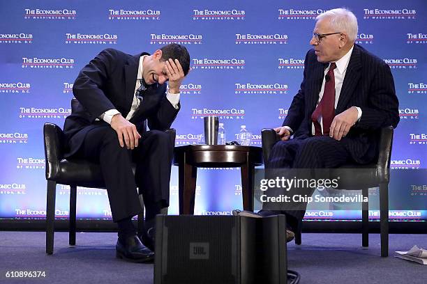 Speaker of the House Paul Ryan reacts while being interviewed by The Carlyle Group co-CEO and Economic Club of Washington President David Rubenstein...