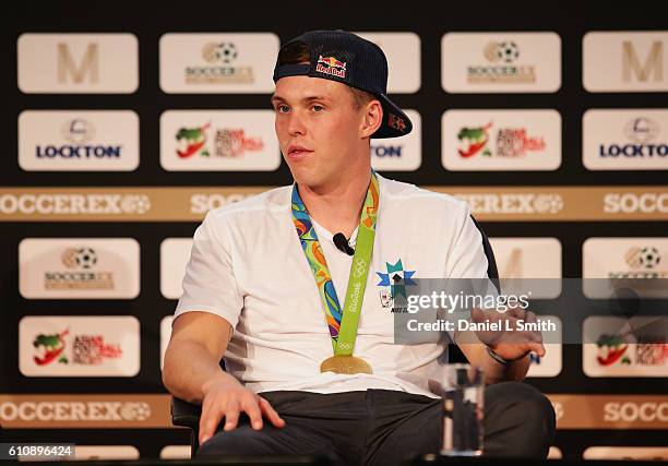 Joe Clarke, Team GB K1 Slalom Canoeist attends day 3 of the Soccerex Global Convention 2016 at Manchester Central Convention Complex on September 28,...