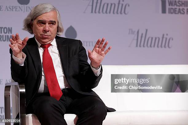 Energy Secretary Ernest Moniz is interviewed during the Washington Ideas Forum at the Harmon Center for the Arts September 28, 2016 in Washington,...