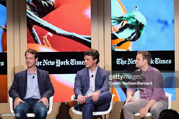 Jason Ackerman, Matt MAloney and Matt Salzberg speak onstage at The Disruptors panel during The New York Times Food For Tomorrow Conference 2016 on...