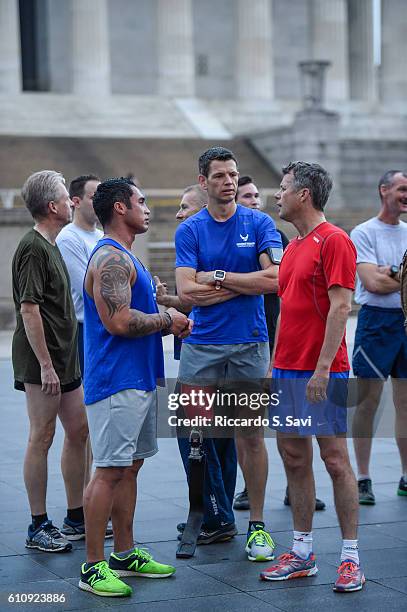 Crown Prince Frederik of Denmark runs with Wounded Warriors near the Lincoln Memorial on September 28, 2016 in Washington, DC.