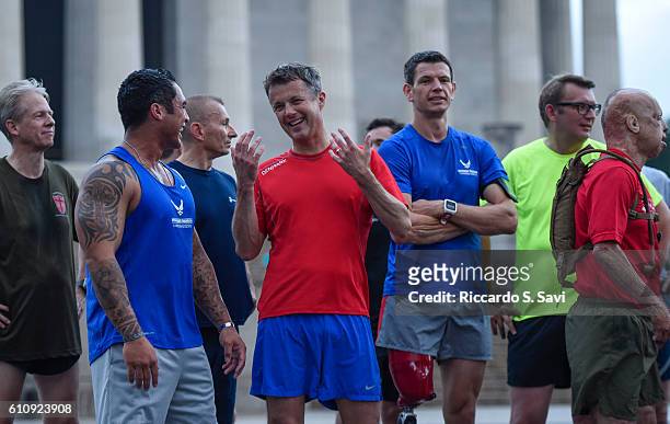 Crown Prince Frederik of Denmark runs with Wounded Warriors near the Lincoln Memorial on September 28, 2016 in Washington, DC.
