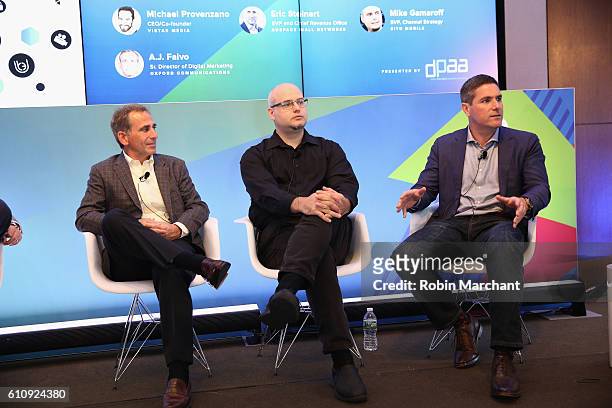 Falvo, Mike Gamaroff, Mark Power speak onstage at the Future of Location and Video panel at Thomson Reuters during 2016 Advertising Week New York on...