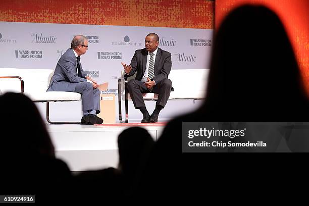 The Atlantic Senior Editor Ron Brownstein interviews Transportation Secretary Anthony Foxx during the Washington Ideas Forum at the Harmon Center for...