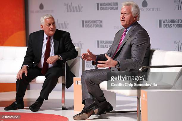 The Aspen Institute President and CEO Walter Isaacson interviews GE Chairman and CEO Jeff Immelt during the Washington Ideas Forum at the Harmon...