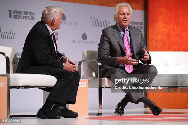 The Aspen Institute President and CEO Walter Isaacson interviews GE Chairman and CEO Jeff Immelt during the Washington Ideas Forum at the Harmon...