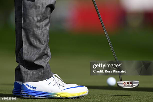 Detail view of Rory McIlroy of Europe's Nike shoes as he putts prior to the 2016 Ryder Cup at Hazeltine National Golf Club on September 28, 2016 in...