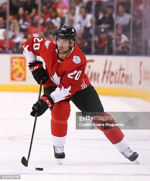 John Tavares of Team Canada stickhandles the puck against Team Europe during the World Cup of Hockey 2016 at Air Canada Centre on September 21, 2016...