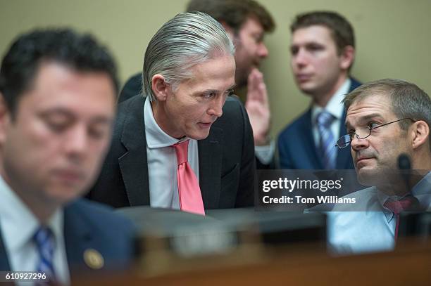 From left, Reps. Jason Chaffetz, R-Utah, Trey Gowdy, R-S.C., and Jim Jordan, R-Ohio, attend a House Judiciary Committee hearing in Rayburn Building...