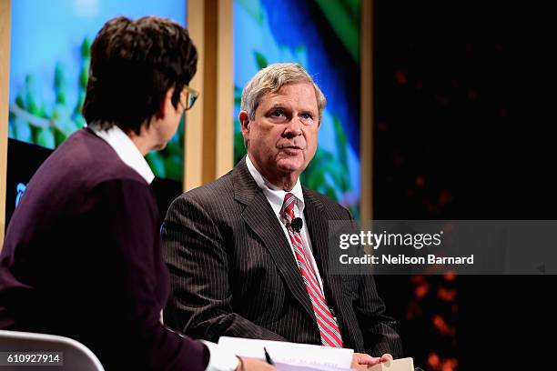 Kim Severson and US Secretary of Agriculture Tom Vilsack speaks onstage at Eight Years Later panel during The New York Times Food For Tomorrow...