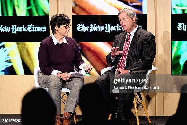 Kim Severson and US Secretary of Agriculture Tom Vilsack speaks onstage at Eight Years Later panel during The New York Times Food For Tomorrow...