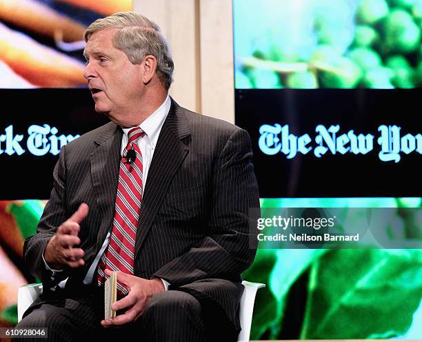 Tom Vilsack speaks onstage at Eight Years Later panel during The New York Times Food For Tomorrow Conference 2016 on September 28, 2016 in Pocantico,...