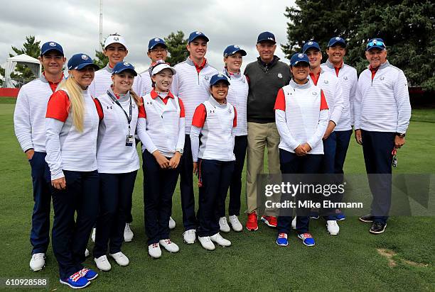 Ryder Cup Captain Davis Love III of the United States poses with the United States Junior Ryder Cup team and captain Jim Remy during the Junior Ryder...