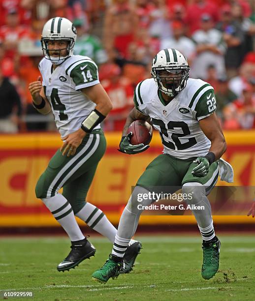 Running back Matt Forte of the New York Jets rushes up field against the Kansas City Chiefs during the first half on September 25, 2016 at Arrowhead...