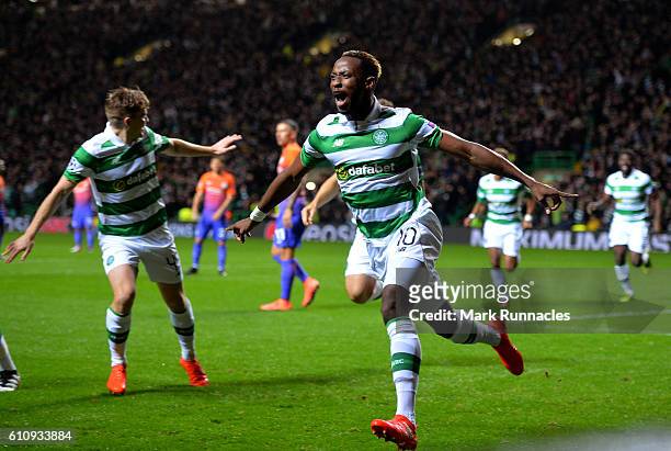 Moussa Dembele of Celtic celebrates after scoring the opening goal during the UEFA Champions League group C match between Celtic FC and Manchester...