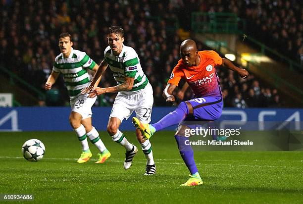 Fernandinho of Manchester City scores his team's first goal during the UEFA Champions League group C match between Celtic FC and Manchester City FC...