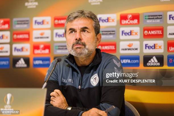 Konyaspor's head coach Aykut Kocaman attends a press conference for the Turkish club Atiker Konyaspor on September 28 in Gent. KAA Gent will face...