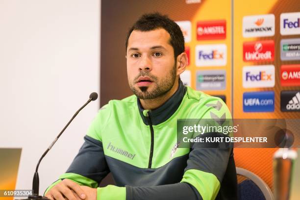 Konyaspor's goalkeeper Kaya Tarakci attends a press conference for the Turkish club Atiker Konyaspor on September 28 in Gent. KAA Gent will face...