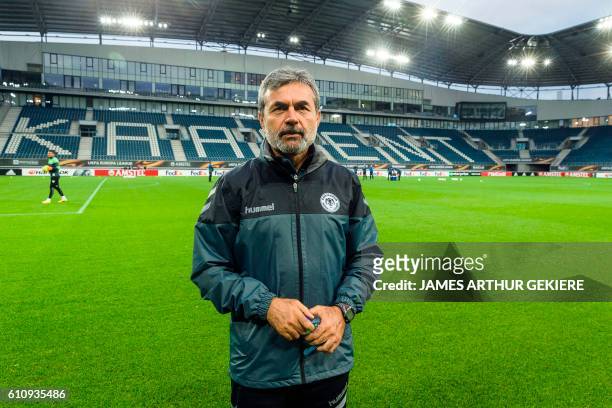 Konyaspor's head coach Aykut Kocaman attends a training session for the Turkish club Atiker Konyaspor on September 28 in Gent. KAA Gent will face...